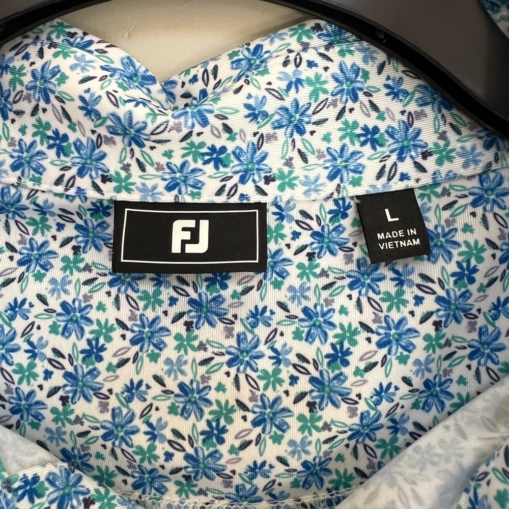FootJoy Allover Floral Print Lisle Performance Golf Polo, White/Blue, L - Picture 4 of 8